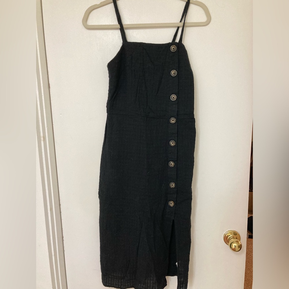 Black gauze button detail midi dress